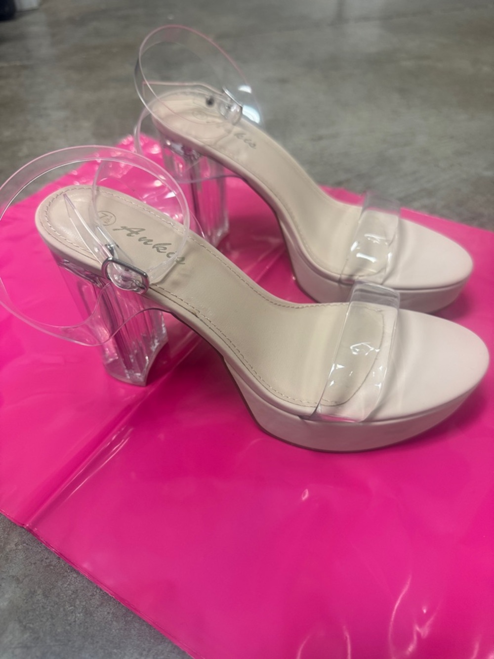 Clear Strap Platform Block Heels in Pink Nude